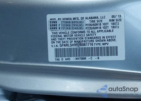 2013 Honda Odyssey Touring/Touring Elite from USA, damaged, VIN 5FNRL5H99DB081716